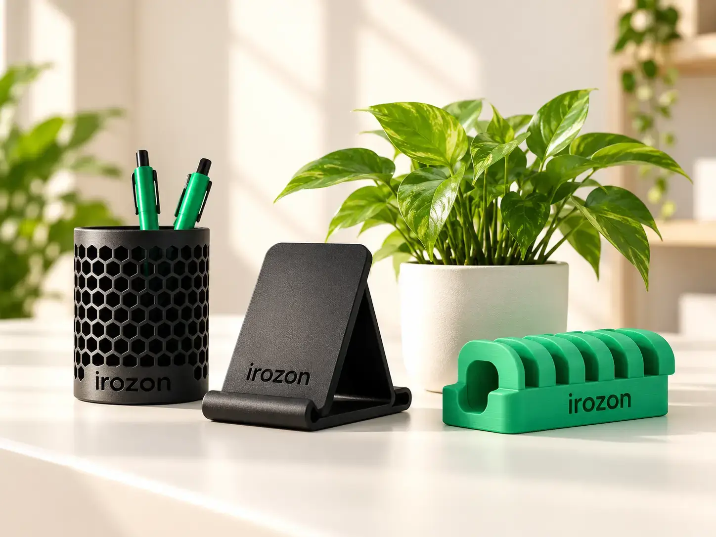 3D-printed pen holder, phone stand and green cable organizer on a sunlit desk