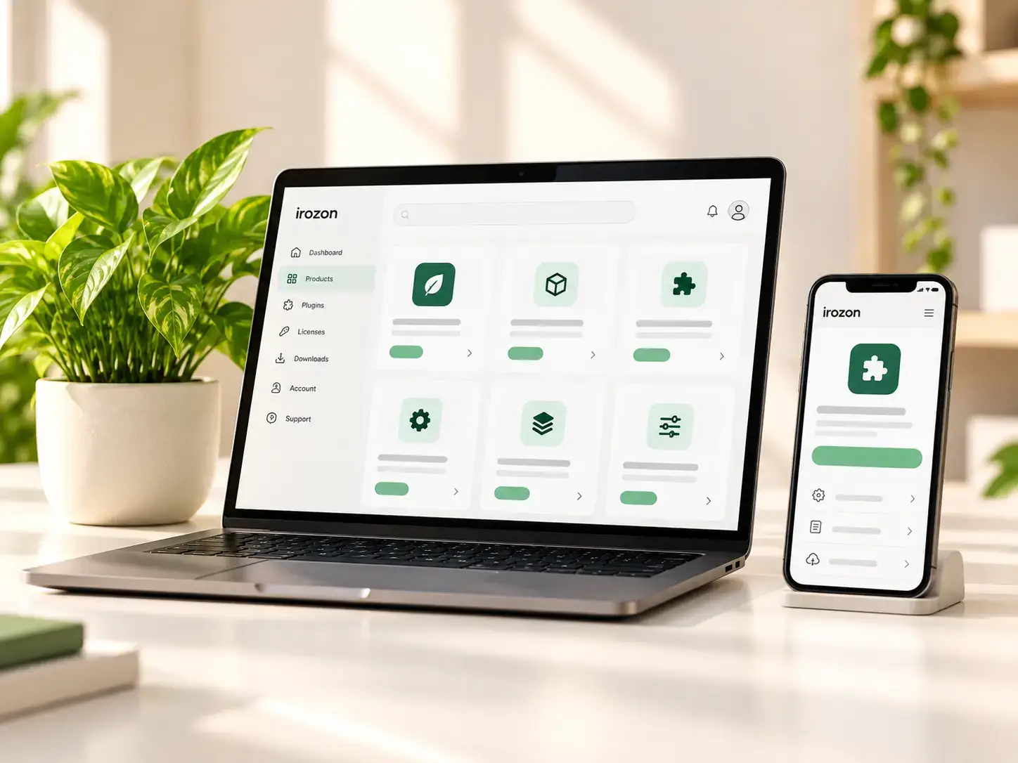 Laptop and phone displaying a green-accented software and plugins dashboard