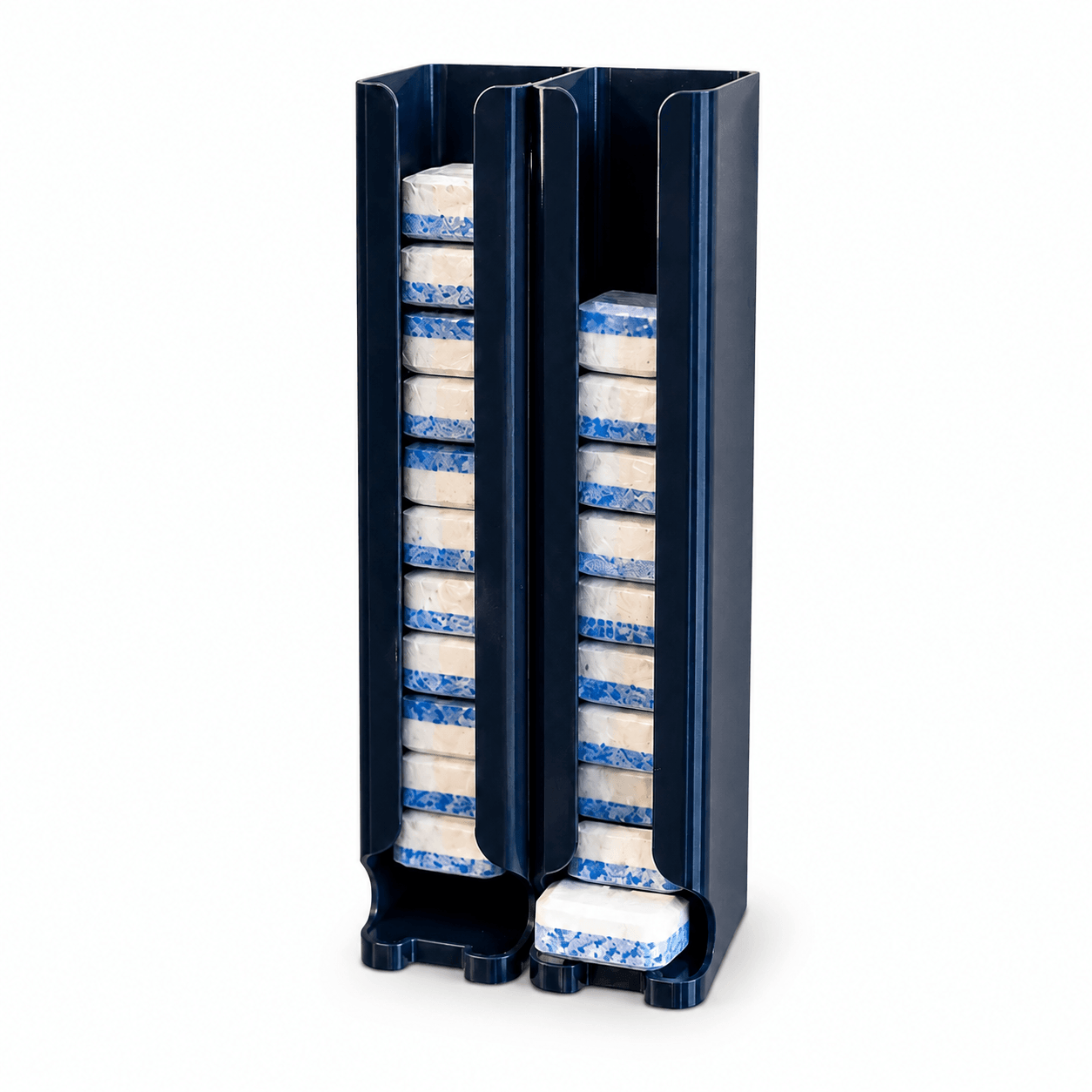 Dark blue dual-column 3D printed dishwasher tablet dispenser loaded with tablets