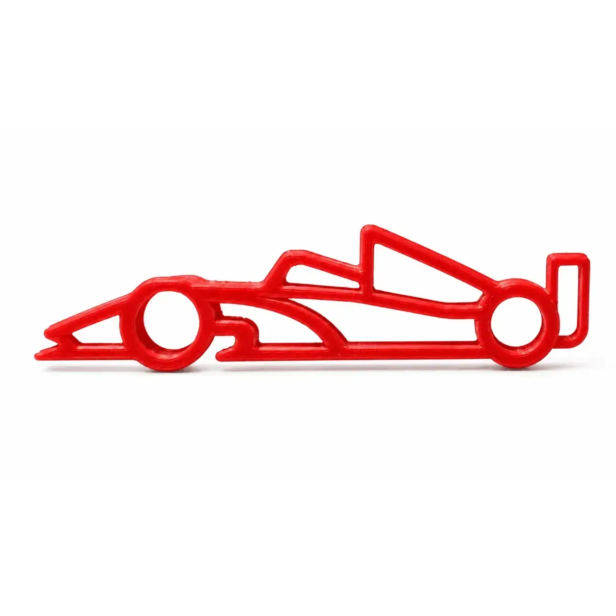 3D printed red PLA optical illusion showing a Formula-style racing car outline