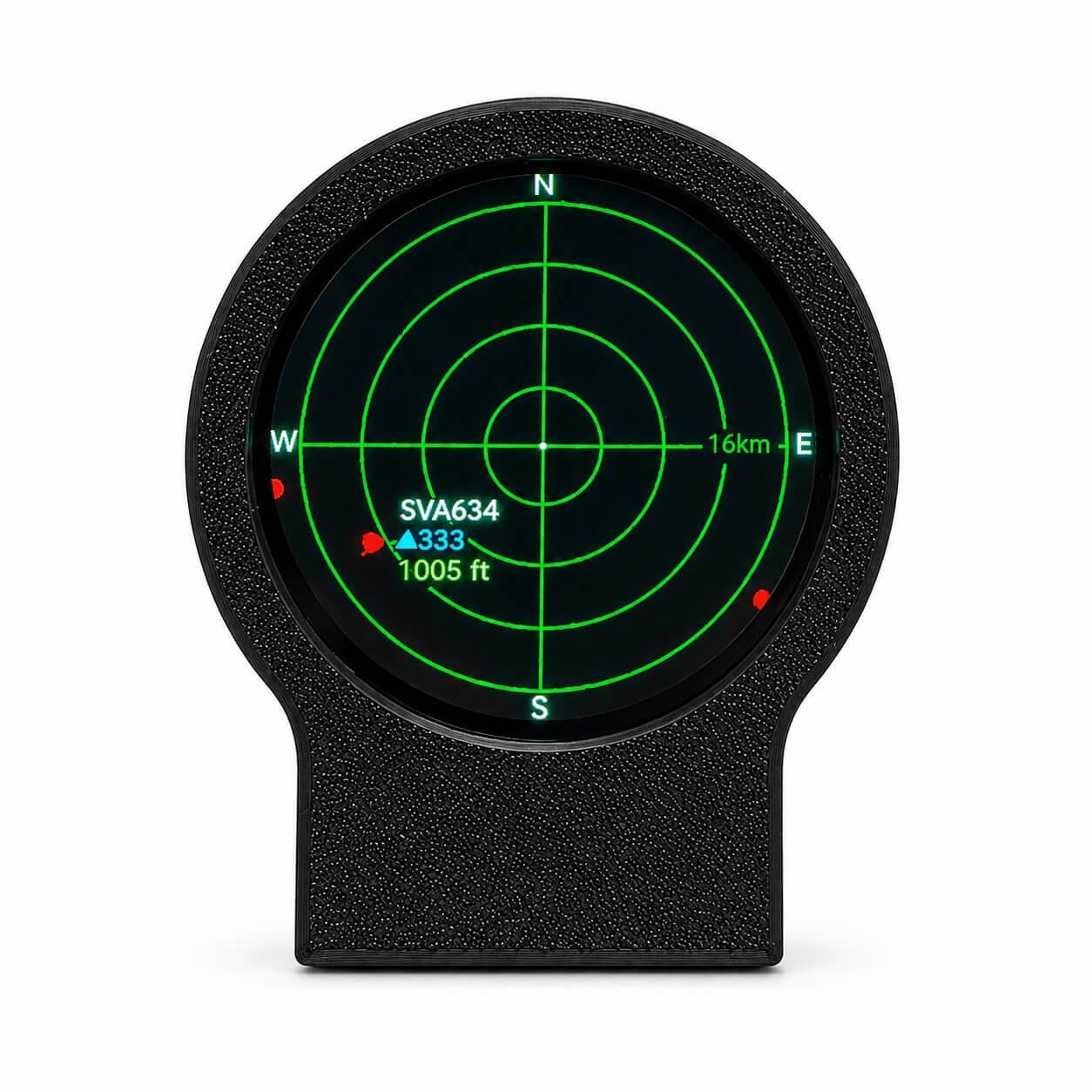 Tiny Desk Radar displaying nearby live aircraft on a round green radar screen